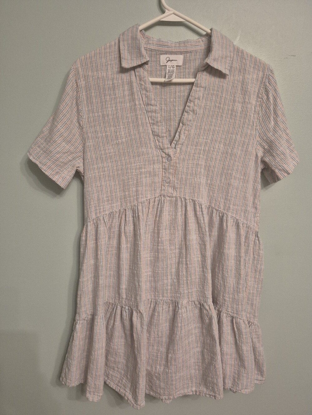 Japna Womens Boho Pastel Striped Tiered Short Sleeve Tunic Mini Dress Size Large - Picture 2 of 5